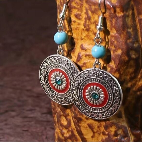 Boho Western Chic Dangle Drop Earrings Pierced Antique Silver Red Turquoise - Picture 8 of 16